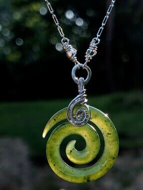 Nephrite Jade Spiral on Sterling Chain - Sterling Wire Wrap Pendant Necklace